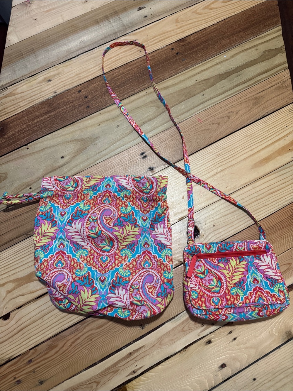 Vera Bradley Pink, Turquoise & Yellow Paisley Crossbody with Pouch